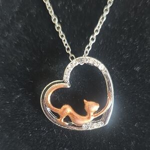 Silver & Gold Cat Heart Pendant Necklace New